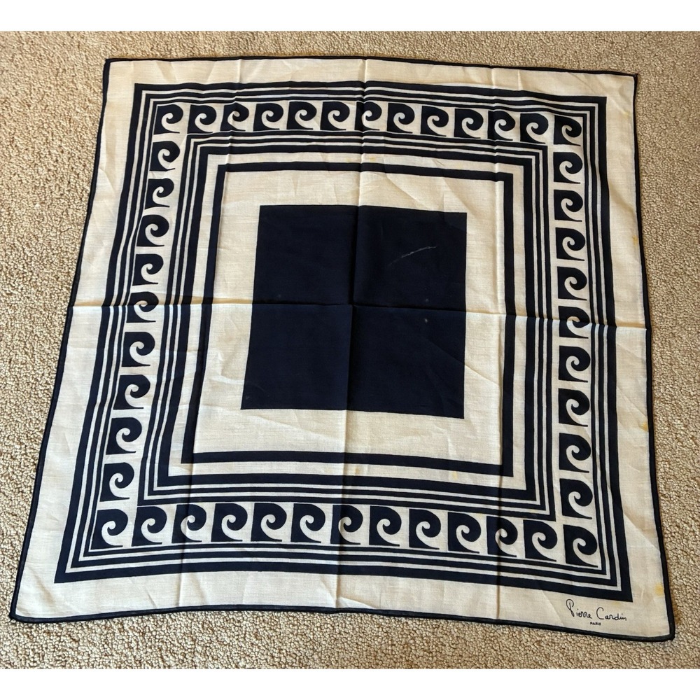 Vintage Pierre Cardin 100% Silk Logo Print Shades of Blue Geometric Womens Scarf